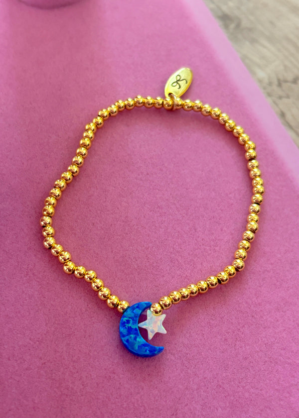 Opal Blue Moon and Stars 18k Gold Bracelet