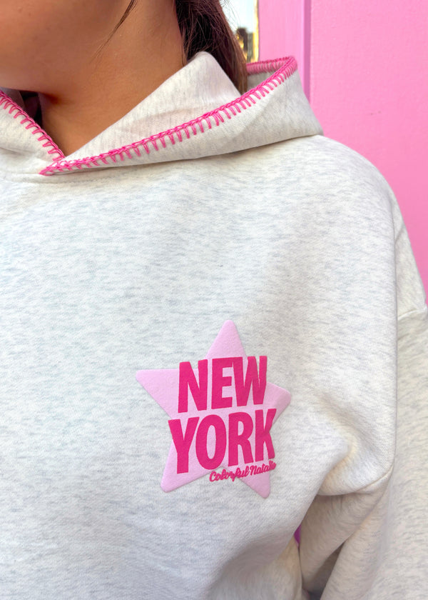 New York Star Grey Stitched Puff Hoodie