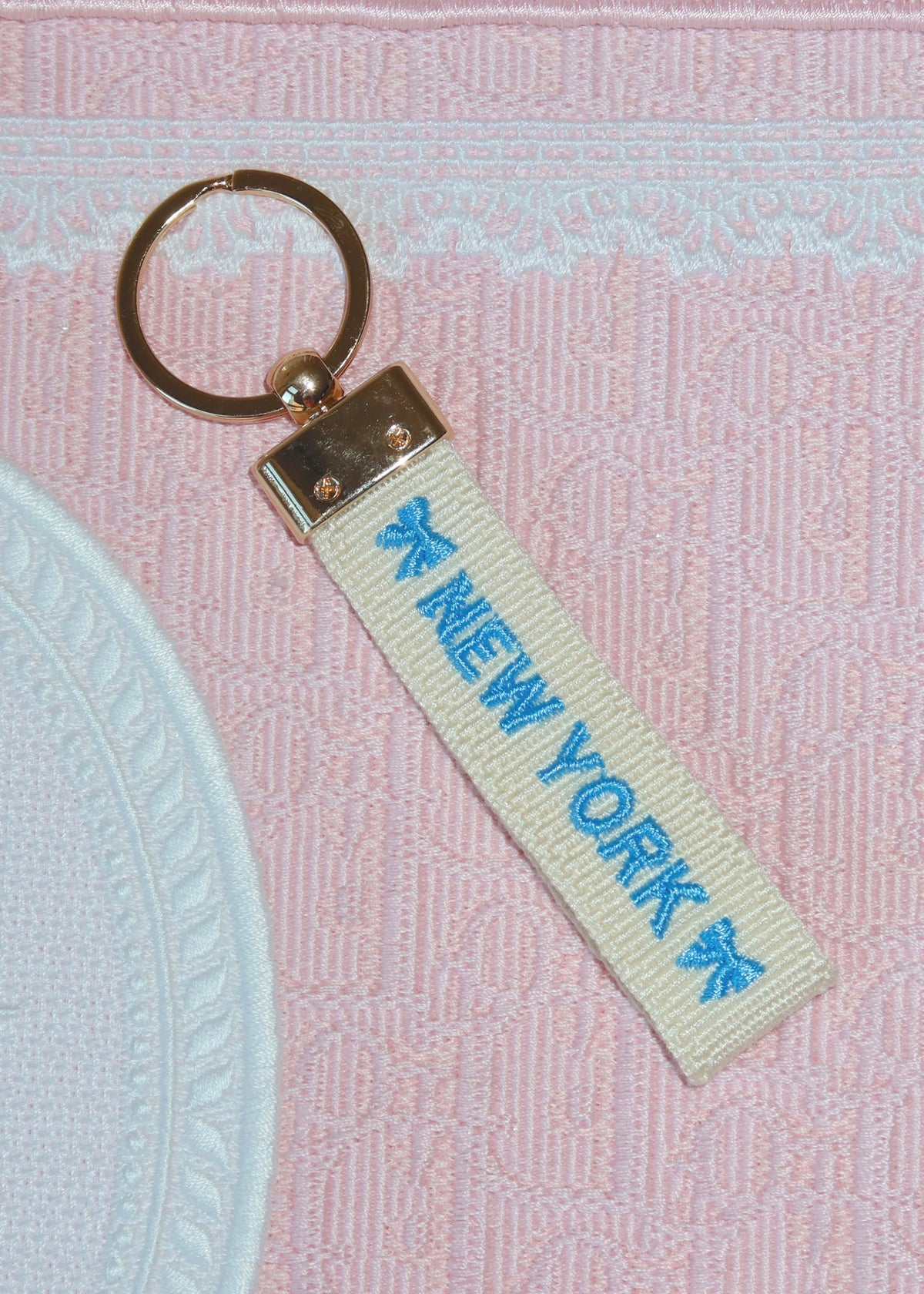 New York Blue Text Embroidered Keychain