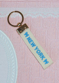 New York Blue Text Embroidered Keychain
