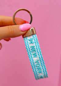 Blue Bows Squiggle NY Embroidered Keychain
