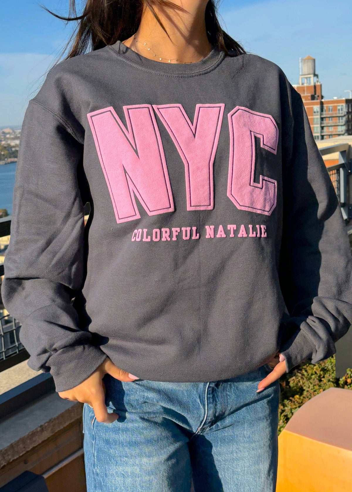 NYC Pink Puff Print Charcoal Crewneck