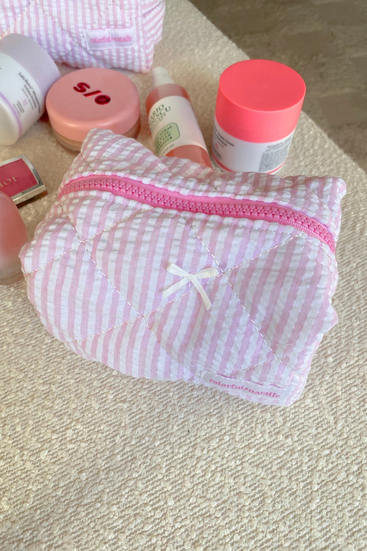 Pink Striped Seersucker Small Makeup Bag