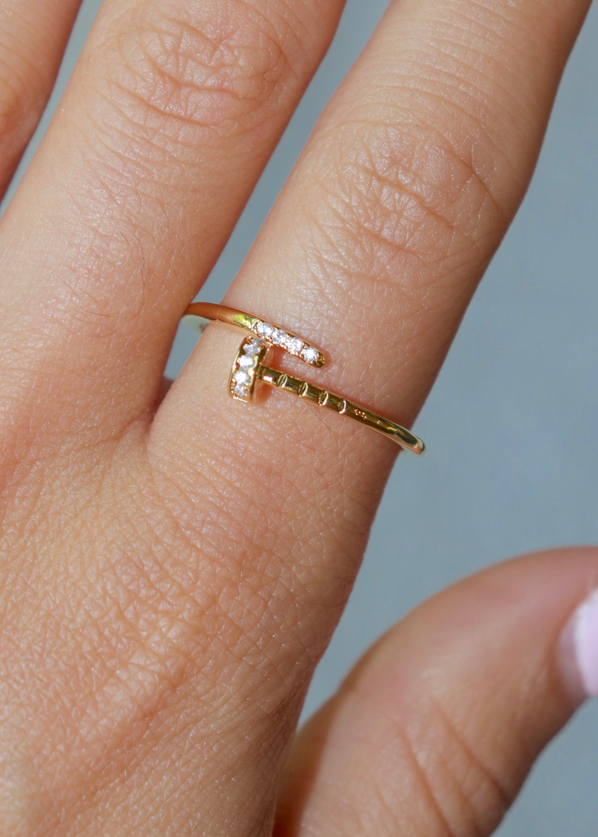 Gold CZ Nail Thin Twist Ring