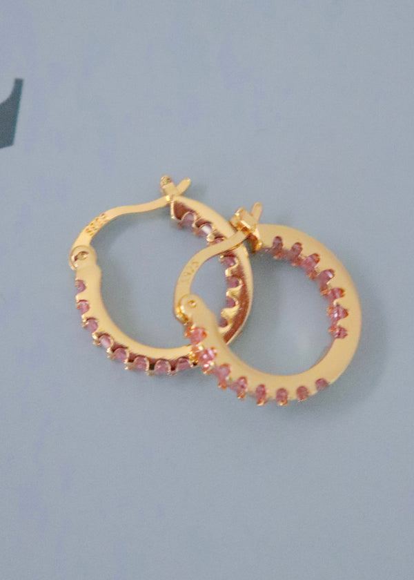18k Gold Pink Crystal Hoop Earrings