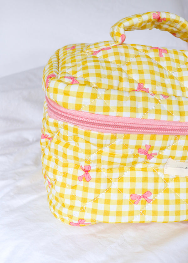 Yellow Checkered Handle Makeup Bag