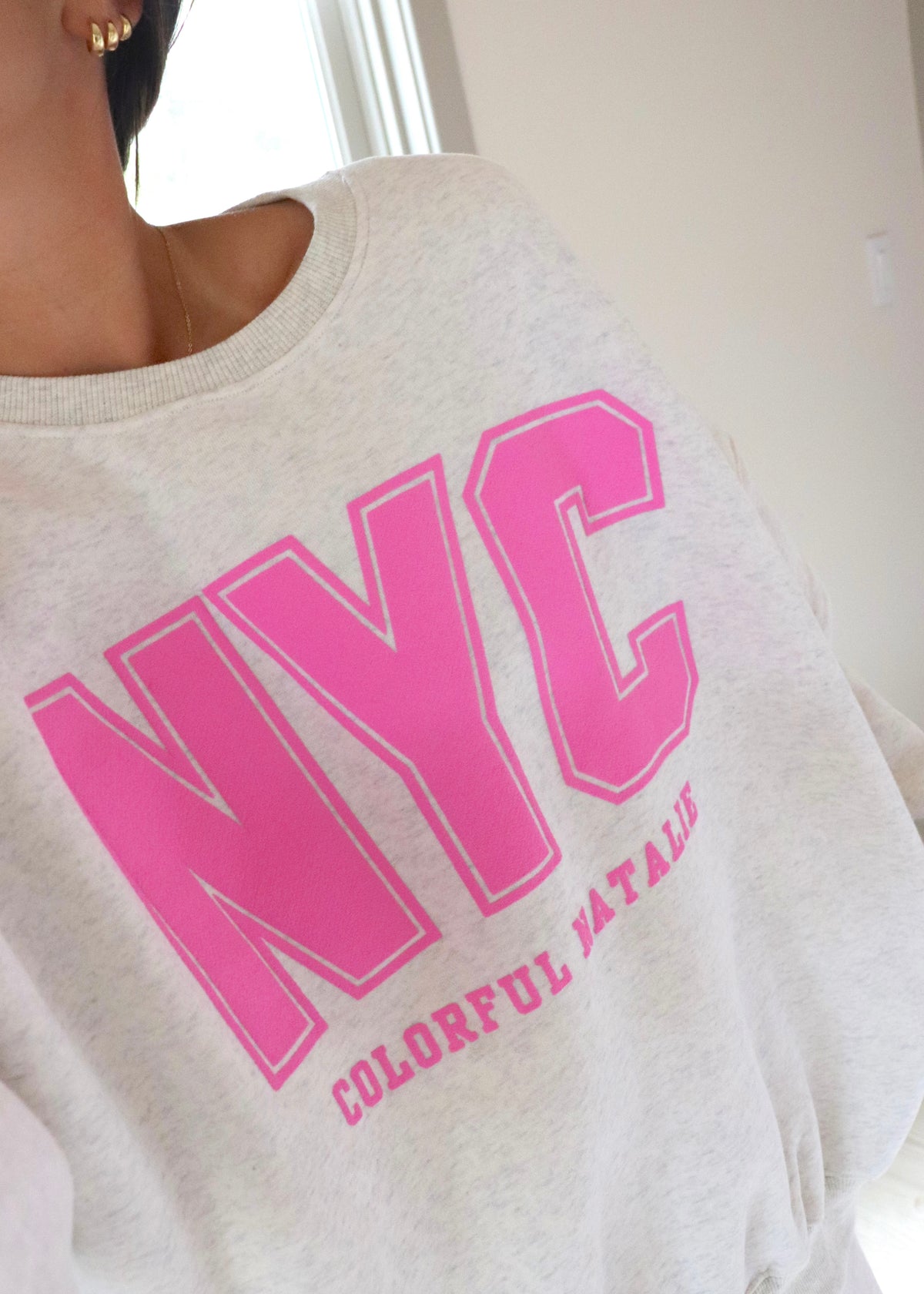 NYC Heather White Puff Print Crewneck