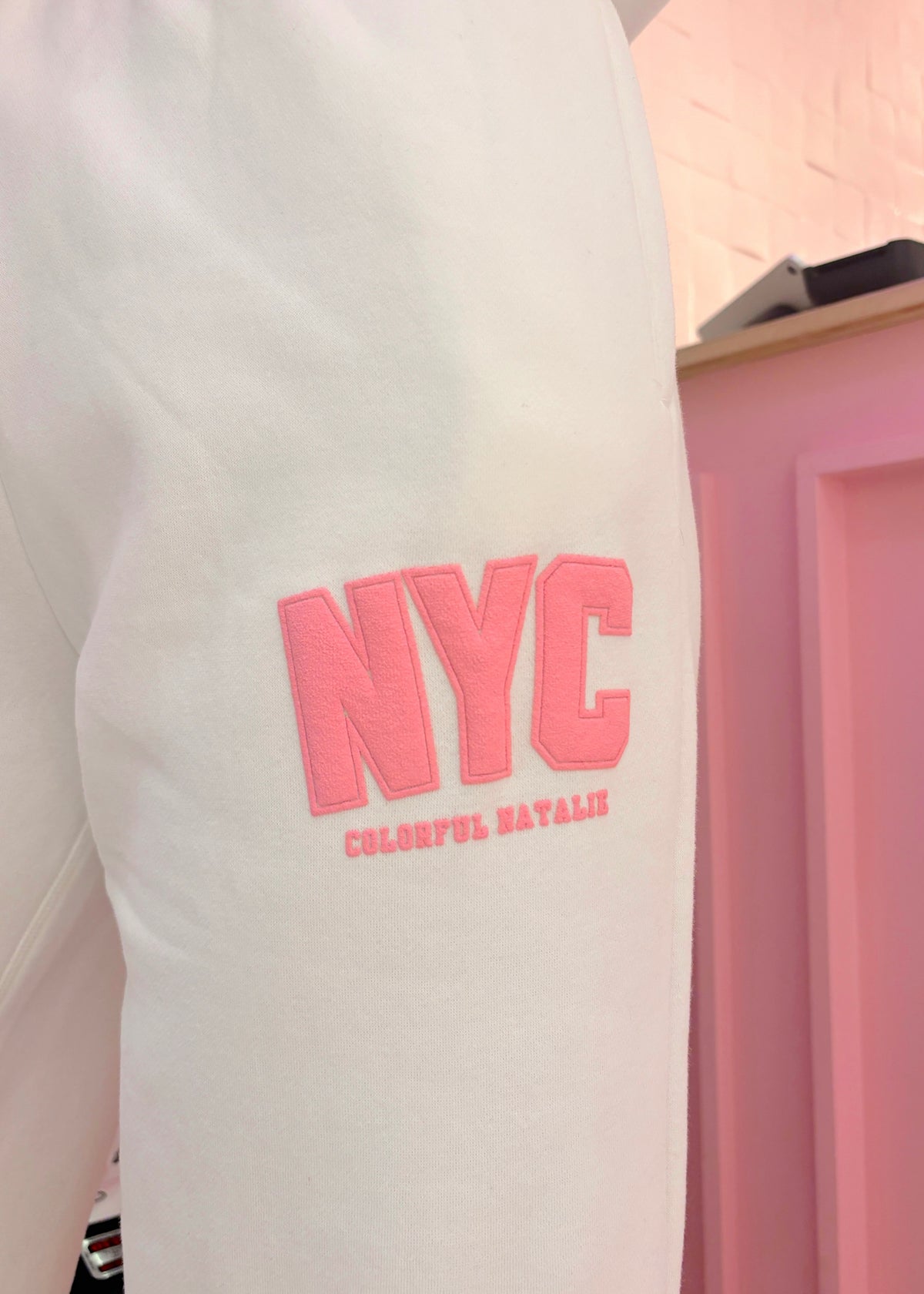 NYC White Puff Print Flare Sweatpants