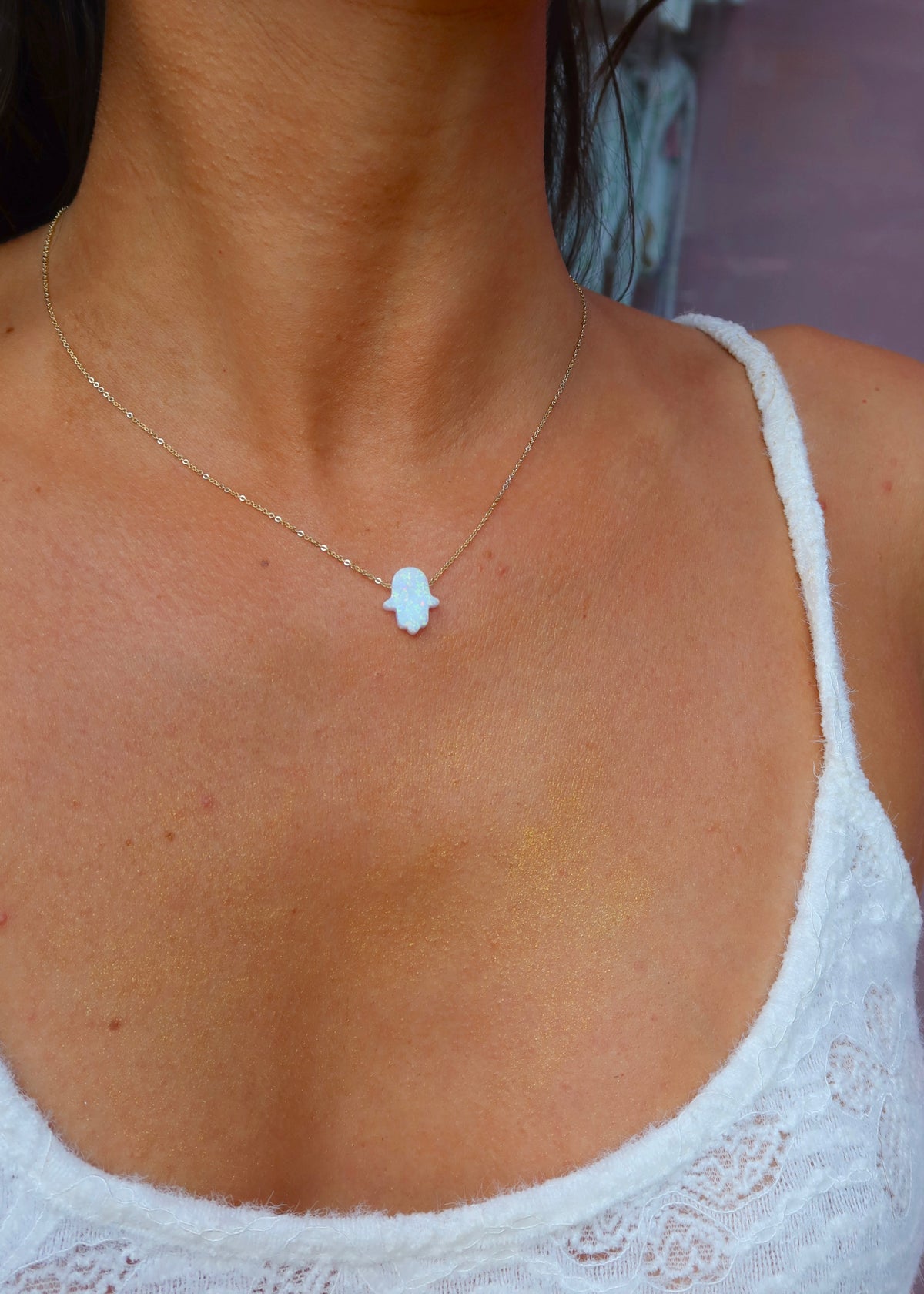 Ivory Opal Hamsa Gold Necklace