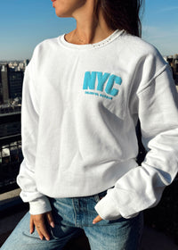 NYC Blue Puff Print White Crewneck