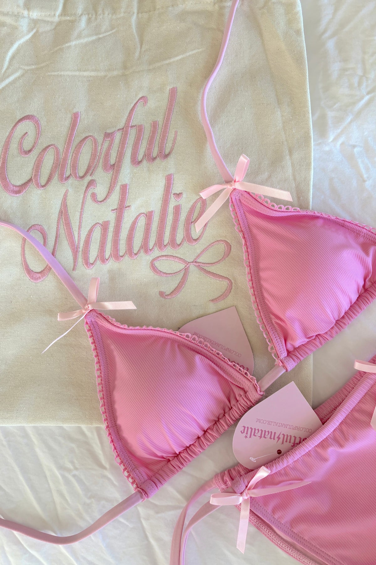 CN Embroidered Pink Bow Tote Bag