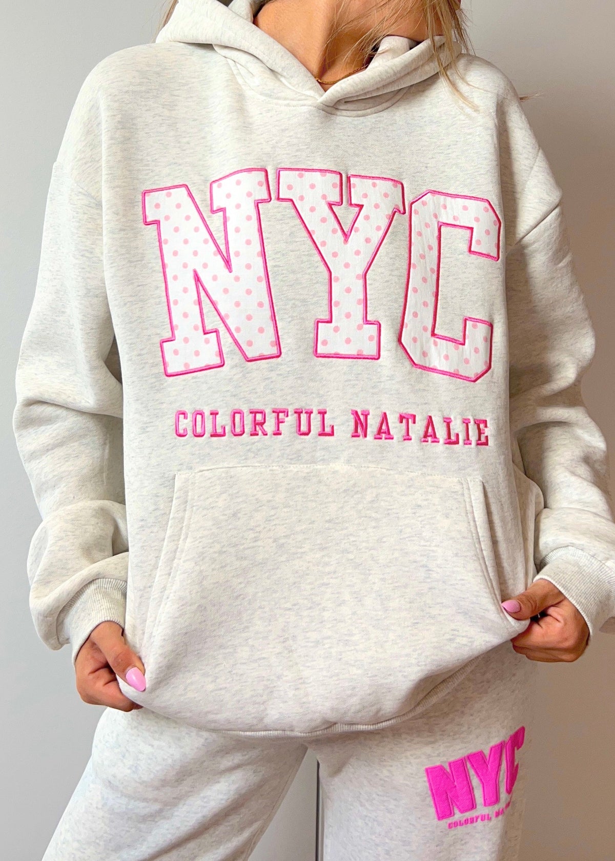 Grey Dots Embroidered NYC Hoodie