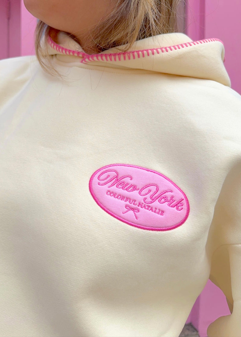 NY Pink Bow Cream Patch Hoodie