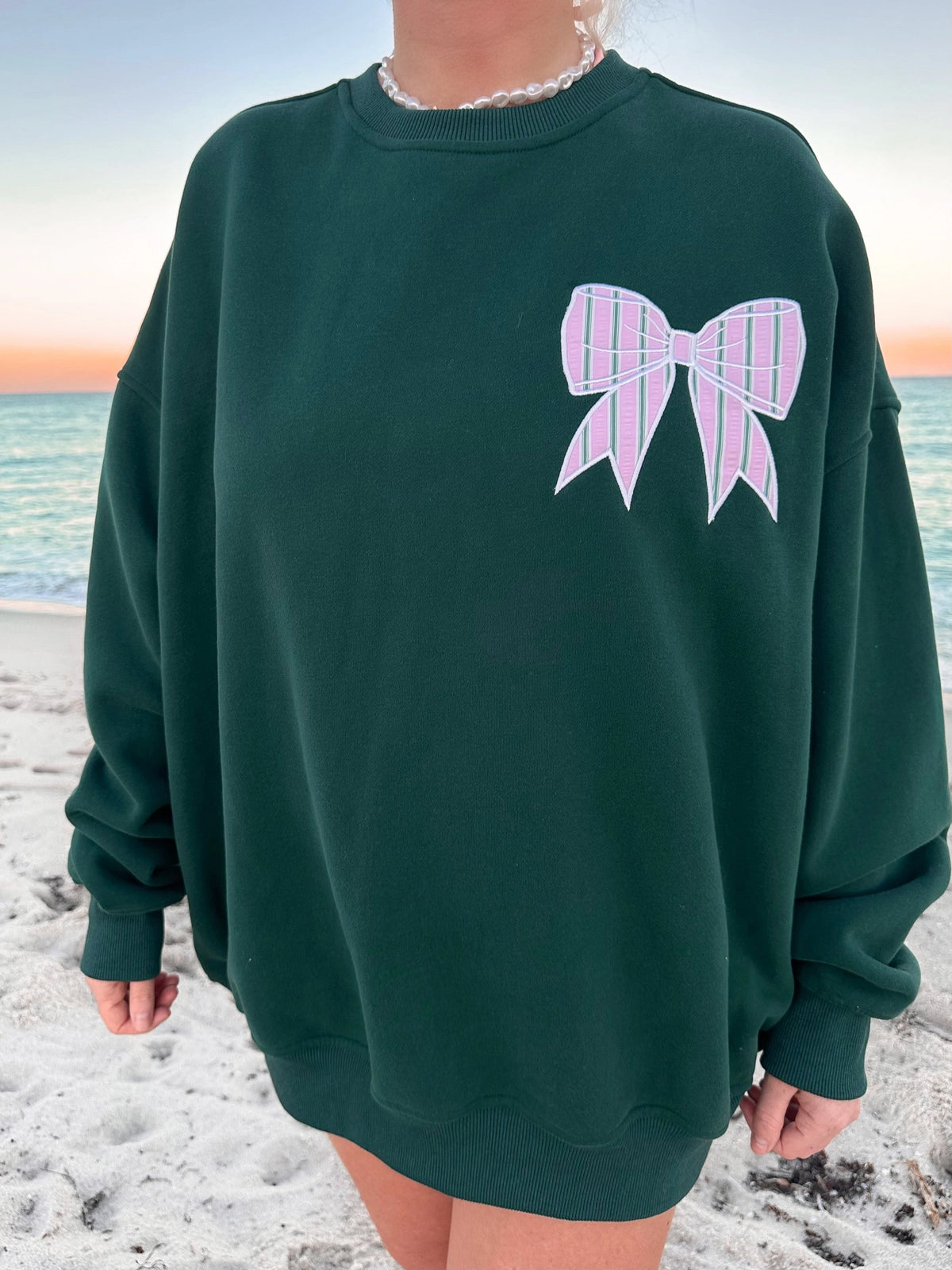 Holiday Stripes Bow Embroidered Crewneck