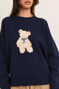 Teddy Bear Bow Navy Sweater