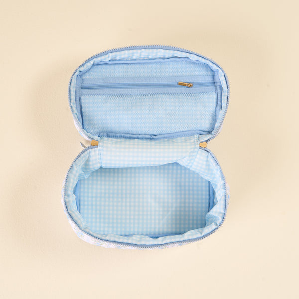 Blue Floral Quilted Makeup Pouch