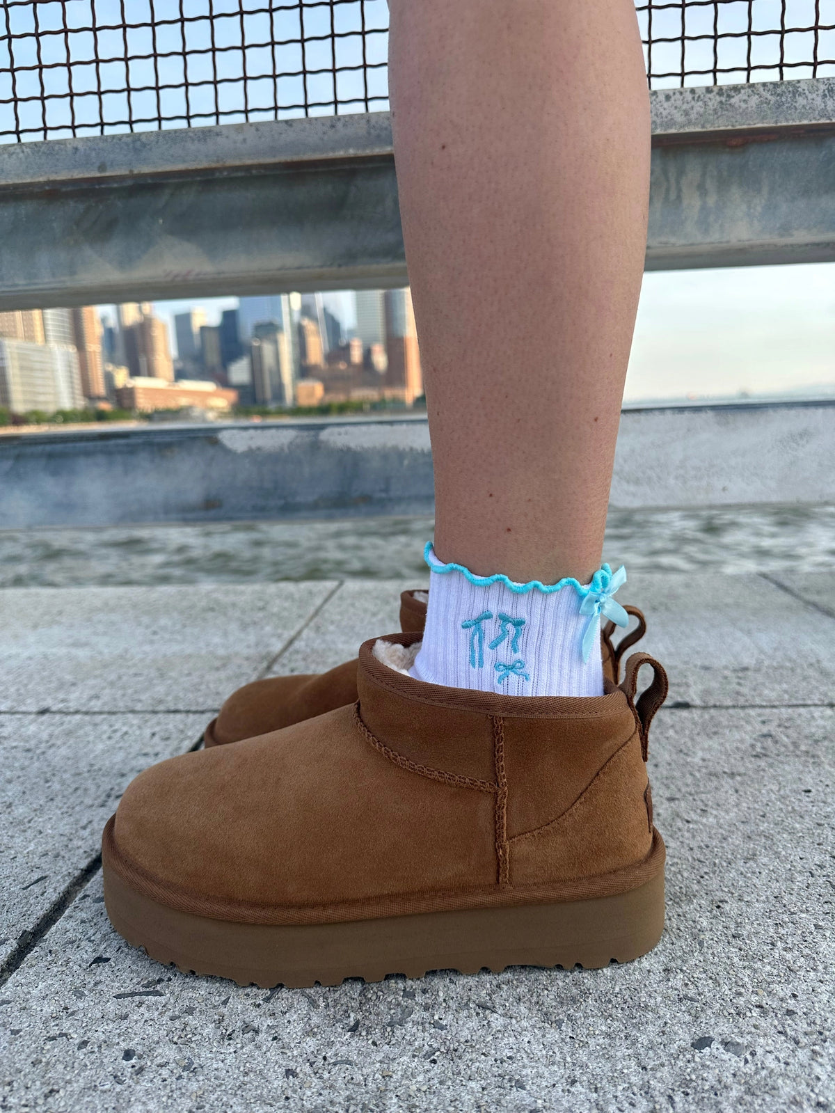 Blue Bow Frill Grip Socks