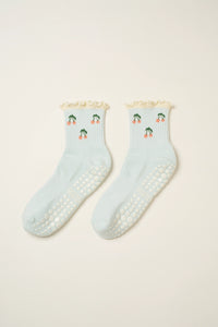 Cherry Ruffle Blue Grip Socks