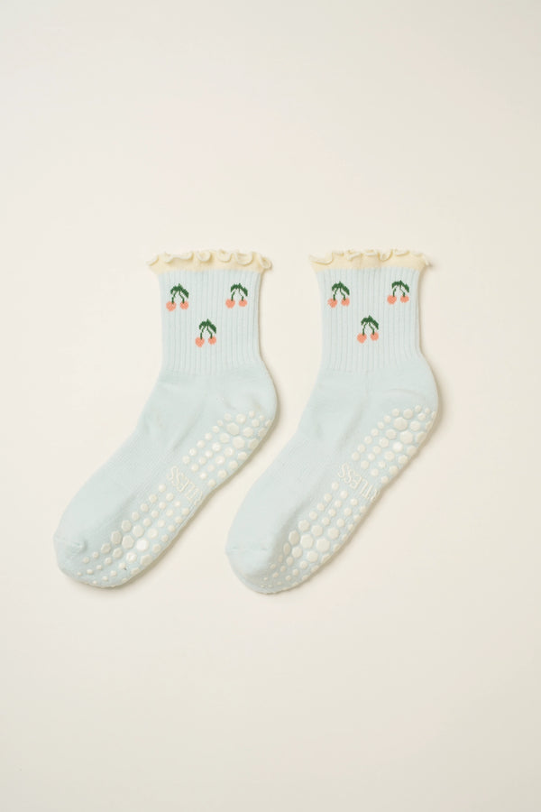 Cherry Ruffle Blue Grip Socks