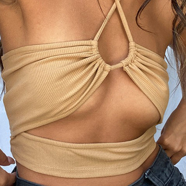 Erin Camel Ribbed Cut Out Top