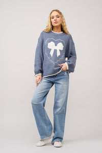 Bow Heart Embroidered Blue Sweater