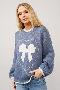 Bow Heart Embroidered Blue Sweater