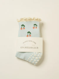 Cherry Ruffle Blue Grip Socks